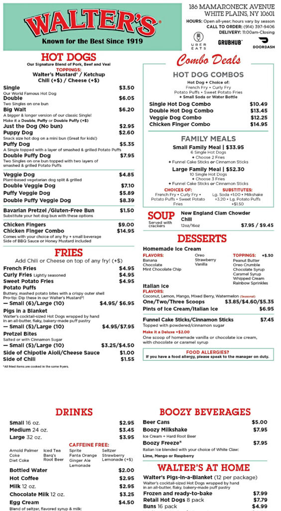 Walter’s Hot Dogs menu 2026